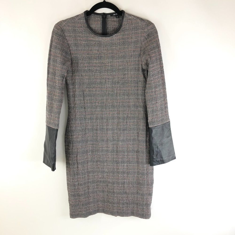 Kal Rieman Sheath Dress Bell Sleeve Faux Leather Trim Plaid Gray Red Size S